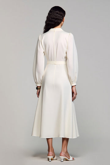 Ivory Satin A Line V-Neck Midi Formal Dress with Long Sleeves